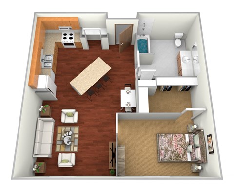 a floor plan of a one bedroom apartment with two bathrooms and a living room with a dining at Northridge Apartments, Pine City, MN, 55063